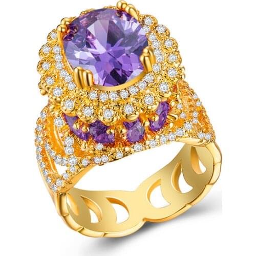 Hainon Luxury Red/Purple/Champagne Zircon Stone Flower Ring Gold Color Big Engagement Rings For Women Vintage Wedding Jewelry