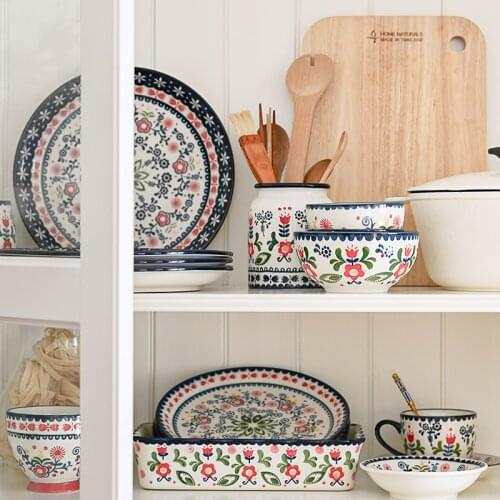 Ethnic Style Hand-Painted Ceramic Tableware Small Bowl Rice Bowl Plate Household Dinner Plate Plate Baking Tray Breakfast