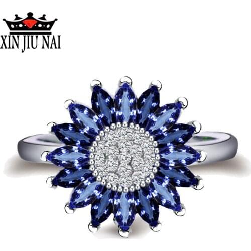 Classic Blue Daisy Flower Ring Female Bijoux Wedding Bands Pave CZ Crystal Engagement 925 Anillos Silver Ring Indian Jewelry
