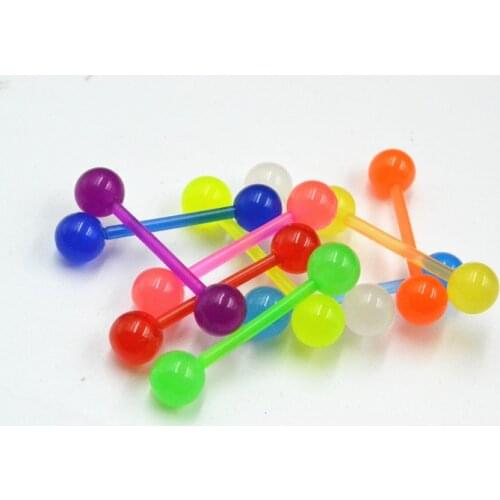 100pcs/Lot Free Shipping Glow In Dark Luminous Fexible Tongue Ring Bar Nipple Barbells Body Piercing Jewelry 1.6X16X6/6MM