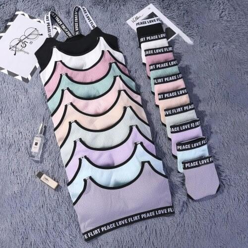 Letter Thread Womens Average Size Cotton Bra Cross Strap Bra Set No Rim Panties Soft Underwear Set Girl With Chest Padviolet