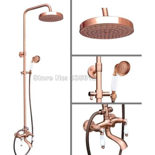 Antique Red Copper Bathroom Round Shower Head Rain Shower Faucet Set Wall Mount with Handheld Shower + Bathtub Mixer Tap Wrg575