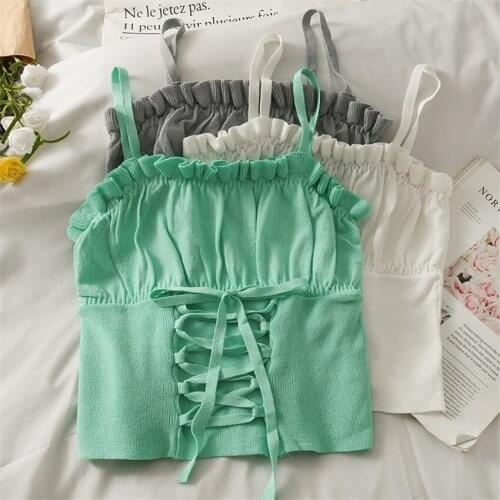 Summer Crop Top For Girls Women Sleeveless Ruffle Tank Tops Knitted Camis Back Lace Up Sexy Club Wear Knitwear