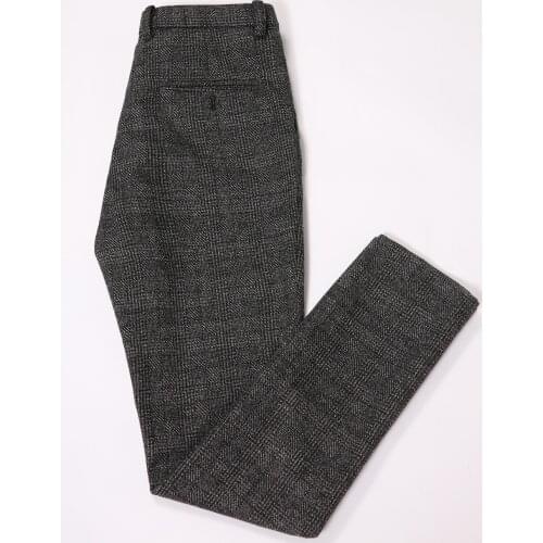 British Style Wool Tweed Grey Plaid Men Suits Slim Fit Pant Custom Groomsmen Groom Tuxedso Pant Mens Wedding Suit trousers