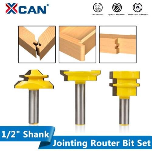 XCAN Jointing Router Bit Set 1/2" Shank Tenon Router Bits Set 3pcs 45 Degree Lock Miter Bit Glue Joint Wood Milling Cutter