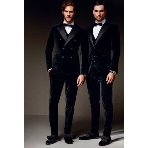 Latest Coat Pant Designs Navy Blue Double Breasted Velvet Men Suit Formal Slim Fit 3 Piece Tuxedo Custom Groom Blazer Masculino