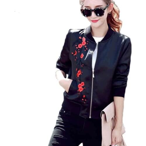 New Harajuku Flower Embroidery Jacket Women Contrast Color Floral Bomber Jacket Coat Pilots Outerwear Black Plants-Flowers A048