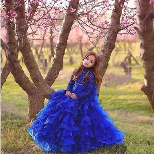 New Arrival Long Sleeve Ball Gown Girls Pageant Dresses High Neck Royal Blue Lace Tiers Organza Flower Girl Dresses