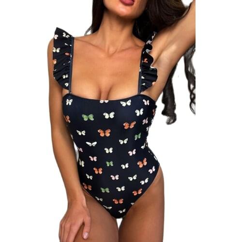 New Women One-piece Ruffle Butterfly Printed Swimsuit Monokini Swimwear