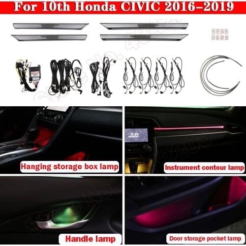 Ambient Light For 10th Honda CIVIC 2016-2019 Button And APP Control Decorative LED 64 colors Atmosphere Lamp illuminated Strip