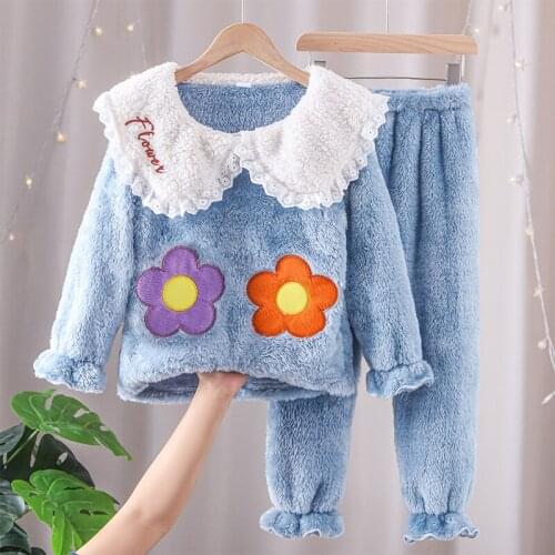 Autumn Winter Pajamas Set for Teen Girls Long Sleeve Pink Flannel Nightgowns Girls Princess Coral Fleece Sleepwear Clothes Set