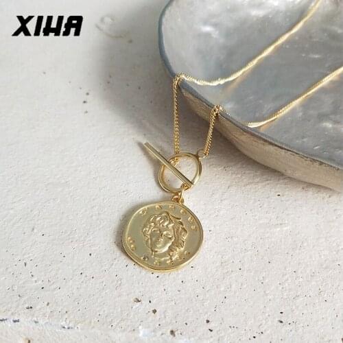 XIHA Round Portrait Face Long Necklace Women 2019 Bar Circle Trendy Buckle Gold Color 925 Sterling Silver Pendant Necklaces
