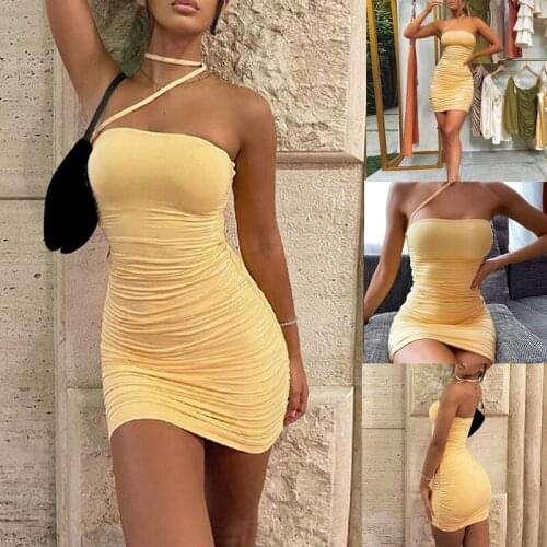 Sexy One-Shoulder Open Back Slim Mini Dress Womens Fashion Nightclub Party Clothing Summer Yellow