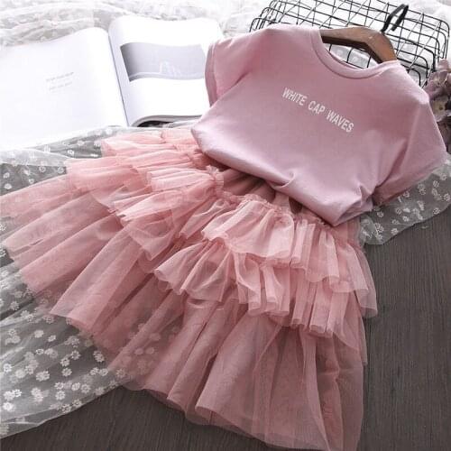 Girl Dress 2021 Summer New Clothes Girl Korean Version Of The Trendy Letters Short-Sleeved Stitching Mesh Skirt Cake Dress