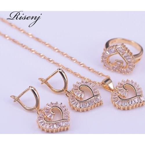 Risenj Heart Square Top Zircon 18k Gold Costume Jewelry Set For Women Earrings Necklace Ring Set Bridal Jewelry