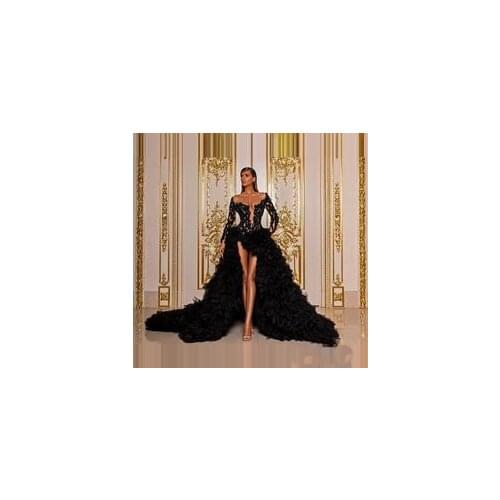Luxury Black Prom Dresses Illusion Beaded Tiered Tulle High Front Slit Long Sleeves A-line Custom Made Formal Gowns