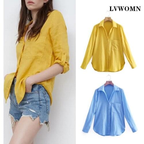 LVWOMN Za Blouses Fashion 2021 Summer Elegant Shirt Women Long Sleeve Cotton Linen Loose Casual Top Chic Button Womens Tunic