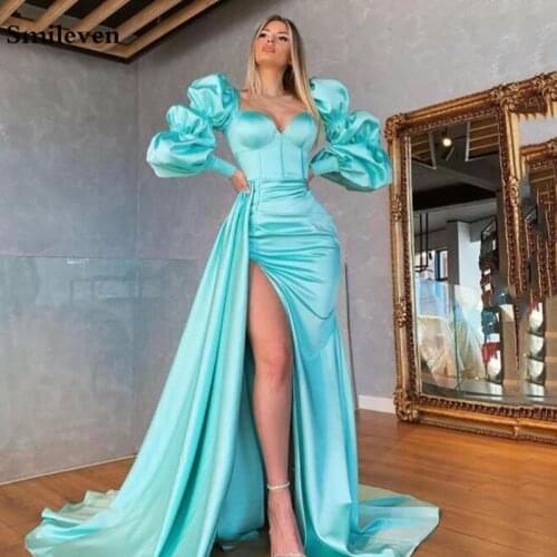 Smileven Sexy Green Sweetheart Evening Dress High Side Split Longo Prom Party Gowns Puff Sleeve Celebrity Dresses Custom Made