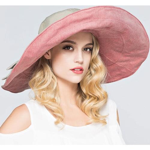 RIMIUT Elegant Fashion large brimmed sun hats Foldable womens sunhats Self-tie Bow womens hat Summer Beach Floppy Cap Headwear