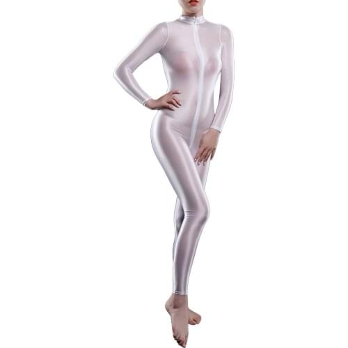Sexy Women Long Sleeve Zipper Body Stocking High Neck Catsuit Ultra Thin Smooth Bodysuit Sexy Lingerie Leotard Bodysuit Clubwear