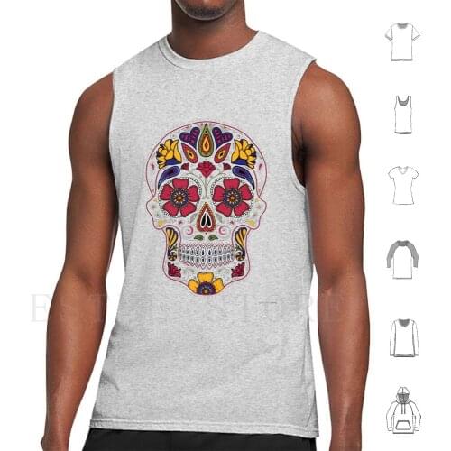 Day Of The Dead Sugar Skull Dark Tank Tops Vest Cotton Sugar Skull Dia De Los Muertos Day Of The Dead Skull Colorful Electric