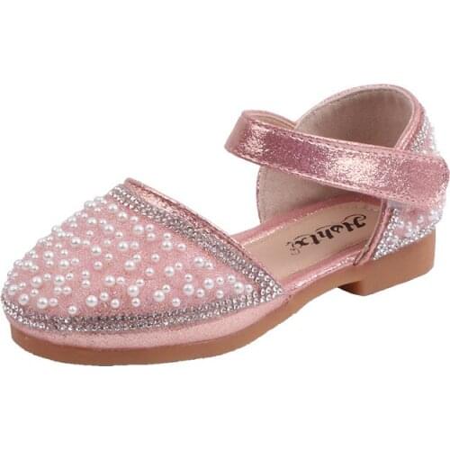 Spring Summer Kids Girls Shoes Sequin Crystal Pearls Princess Shoes For Girls Pink Shiny Dance Shoes For Children zapatos niña