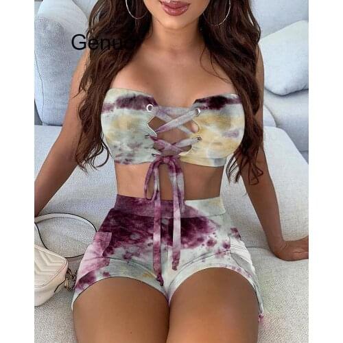Women Biker Shorts 2 Piece Set Sexy Tie Dye Printed Lace-up Tube Top Shorts Suit 2020 Womens Summer Clothes Sets Club Outfits