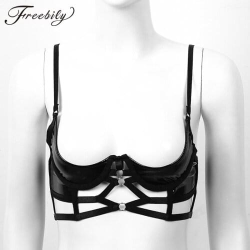Womens Wet Look Cupless Bra Patent Leather Sexy Lingerie Adjustable Straps Bondage Open Cups Underwired Bra Tops Fetish Lingerie