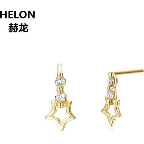 Solid 14k Yellow Gold Women Stud Earrings Trendy Star Earrings Natural White Topaz