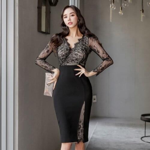 Big Size Lace Patchwork Black Dinner Dress for Women Long Sleeve Empire Slim Midi Dress Ladies Summer Women Dress Elegant Robe