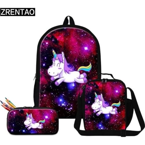 ZRENTAO new fashion cartoon unicorn mochilas 3PCS\set backpack pencil bags lunch cooler children school bookbags unisex rugzak