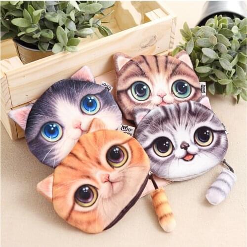 3D creative cute printing cartoon cats bag toys fashion simple cat head plush coin purse small tail storage bag