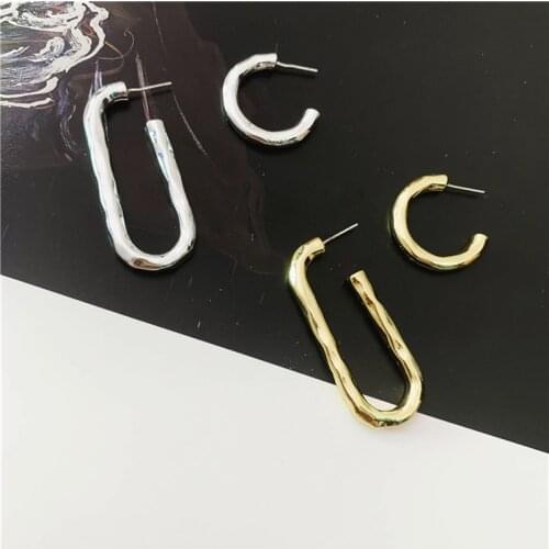 SRCOI Simple Asymmetrical C U Shape Hoop Earring Bump Fold Geometric Gold Silver Color Circle Metal Earrings Women Party Jewelry