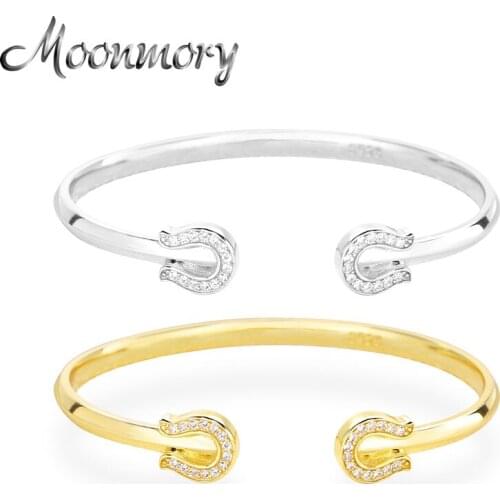Moonmory Authentic 925 Sterling Silver U Shape Cuff Bangle For Unisex Crystal Wrist Letter Bracelet 2021 Fashion Japan Jewelry