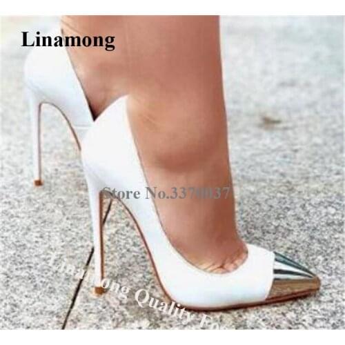 Linamong Brand Style Silver Pointed Toe Patchwork Stiletto Heel Pumps White Leather Slip-on High Heels Dress Shoes Big Size Heel