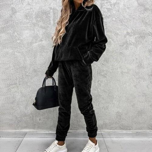 Women Tracksuit Solid Color Pockets Velvet Blouse Lady Long Sleeve Hoodie Pants Sports Suit vetement femme женское платье 2021