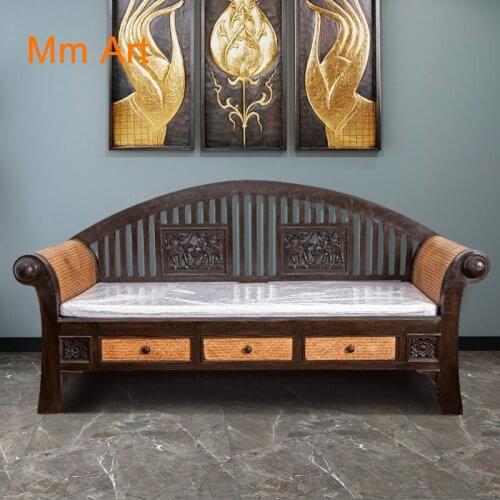 Solid Wood Furniture Hand Carved Bamboo Rattan Decorative Sofa Living Room Lounge Sofa Retro