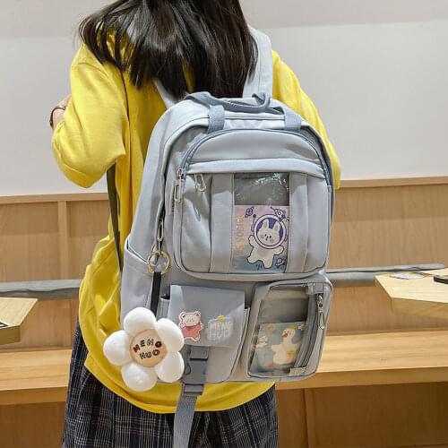 H42cm Buckle Women Backpack School Student Waterproof Large Size Kawaii Pendant Double Shoulder Bags Girls Travel Book Bagpack