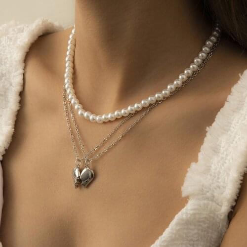 Cool Trend Geometric Opening Love Set Necklace Simple Imitation Pearl Beaded Clavicle Chain European and American Style Jewelry