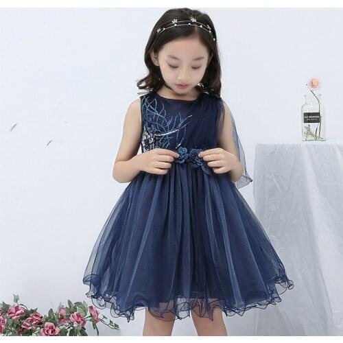 Summer Cute Navy Blue Ball Gown Girls Dresses Kid Girl Party Dress Sleeveless O Neck Cake Ruffled Tutu Bubble Dress 2-10T