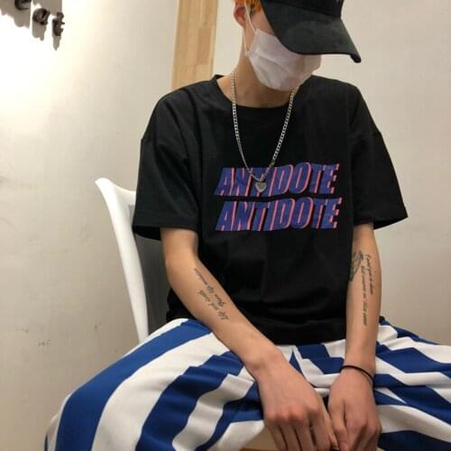 Summer Korean alphabet print ins Harajuku loose cotton Ulzzang streetwear O-neck fashion dark black casual cute women T-shirt