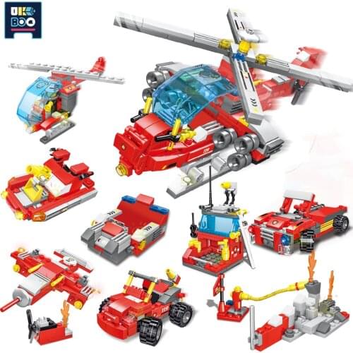 UKBOO 8IN3 City Fire Fighting Rescue Truck Model Building Blocks DIY Fireman Helicopter Boat Figures Bricks Toys for Children