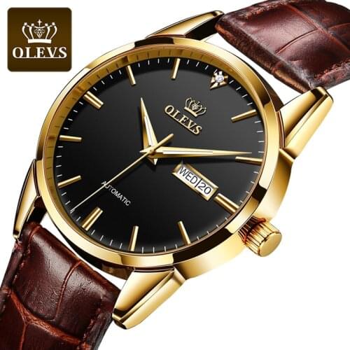 OLEVS Brand Watch Mechanics for Men Casual Design Mens Automatic Watch Black Dial Gold Border Wristwatches relogio masculino