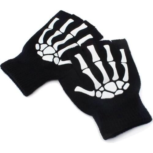 2021 New Gel Childrens Riding Gloves Autumn Winter Motorcycle Printing Fluorescent Skeleton Skeleton Knitted Half-Finger Gloves