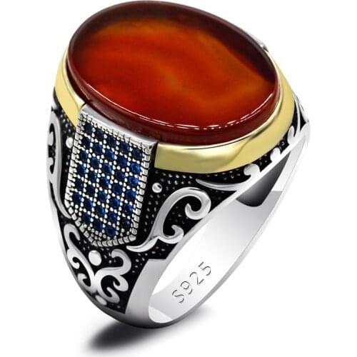 New authentic sterling silver antique Turkish blue zircon ring and marine agate stone mens colorful punk rock jewelry
