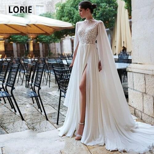 LORIE High Collar A-line Wedding Dresses Cape Sleeve Lace Chiffon Open Back Bohemian Bridal Gowns Beach Princess Party Dress