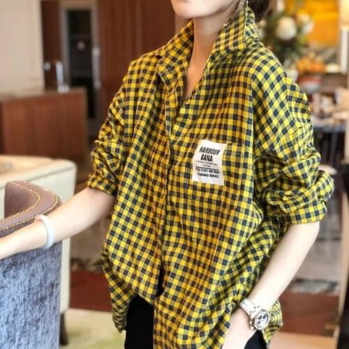 Casual Turn-Down Collar Loose Green Blouses Spring Autumn Korea Fashion Women Long Sleeve Plaid Shirts All-Matched