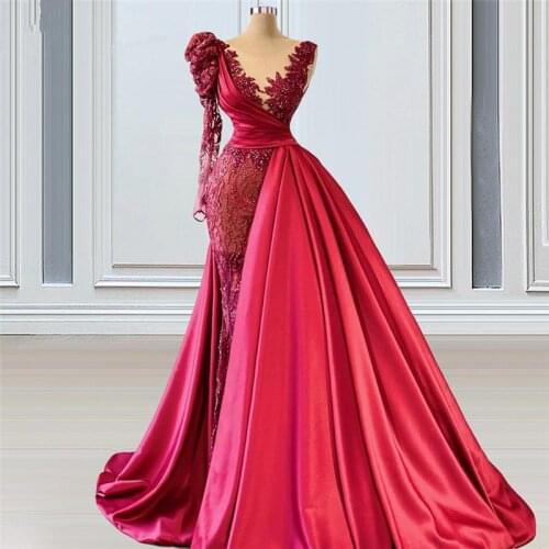 Luxury Red Mermaid Prom Dresses With Overskirt Glitter Sequins Crystal Appliqued Satin s Long Sleeves Formal Evening Dres