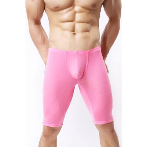 Sexy Men U Pouch Transparent Capris Sexy Ice Silk Pants Low Waist Five Pants Sexy Tight Pocket Pajama Breathable Trousers FX1013