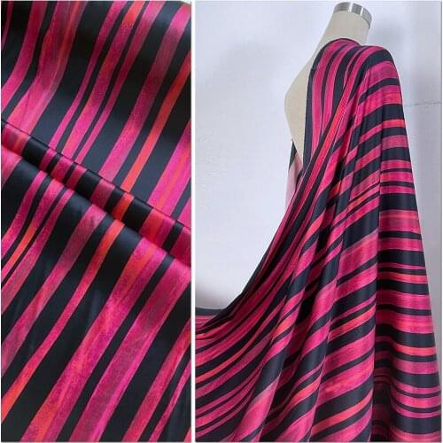 Silk Fabric Shirt Cheongsam Dress Printing Stretch Satin Rose Red Orange Black Vertical Stripes